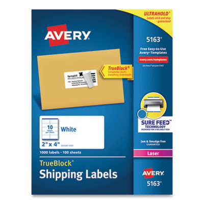 Shipping Labels W/ Trueblock Technology, Laser Printers, 2 X 4, White, 10/Sheet, 100 Sheets/Box