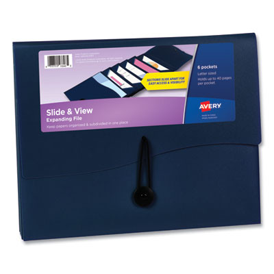 Slide And View Expanding File, 6 Sections, Hook/Loop Closure, Letter Size, Navy Blue