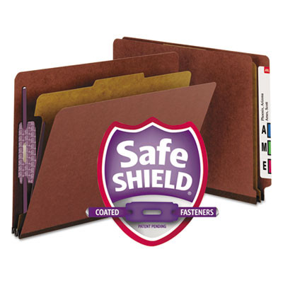 End Tab Pressboard Classification Folders, Expands 2", 1 Divider, 4 Safeshield Fasteners, Letter Size, Red, 10/Box