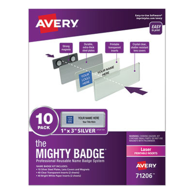 The Mighty Badge Name Badge Holder Kit, Horizontal, 3 x 1, Laser, Silver, 10 Holders And 80 Inserts/Kit