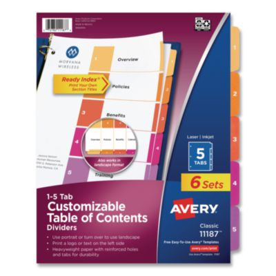 Customizable Toc Ready Index Multicolor Tab Dividers, 5-Tab, 1 To 5, 11 x 8.5, White, Traditional Color Tabs, 6 Sets