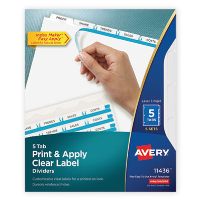Print And Apply Index Maker Clear Label Dividers, 5-Tab, White Tabs, 11 x 8.5, White, 5 Sets