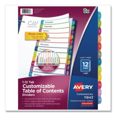 Customizable Toc Ready Index Multicolor Tab Dividers, 12-Tab, 1 To 12, 11 x 8.5, White, Contemporary Color Tabs, 1 Set