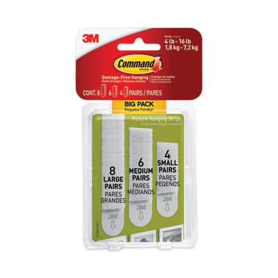 Damage-Free Hanging Picture Hanging Strip Pairs, (8) Large (3.75 Lb), (6) Medium (2.5 Lb), (4) Small (1.25 Lb), White, 18/Pk