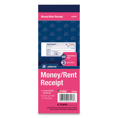 Receipt Book, Three-Part Carbonless, 2.75 x 7.19, 50 Forms Total