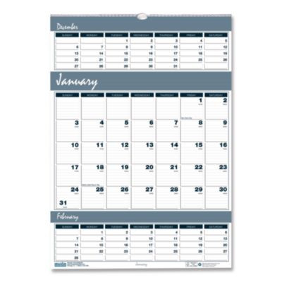 Bar Harbor Recycled Wirebound 3-Months-Per-Page Wall Calendar, 12 x 17, White/Blue/Gray, 14-Month: Dec 2025 To Jan 2027