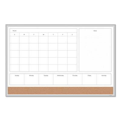 4N1 Magnetic Dry Erase Combo Board, Week/Month Planning, 36 x 24 (Actual Size: 35 x 23), Tan/Wh Surface, Satin Aluminum Frame