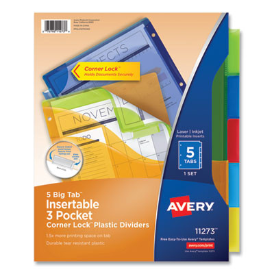 Insertable Big Tab Plastic Three-Pocket Corner Lock Dividers, 5-Tab, 11.13 X 9.25, Assorted, 1 Set