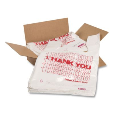 Thank You High-Density Shopping Bags, Have a Nice Day Labeling, Cut-Out Handles, 10" x 5" x 19", White/Red, 2,000/Carton