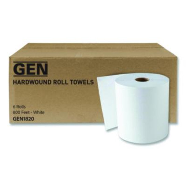 Hardwound Roll Towels, 1-Ply, 8" x 800 Ft, White, 6 Rolls/Carton