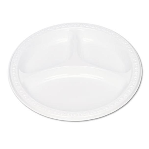 Plastic Dinnerware, 3-Compartment Plates, 9" Dia, White, 125/Pack