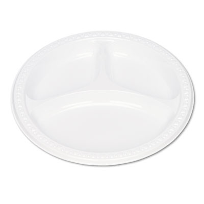 Plastic Dinnerware, 3-Compartment Plates, 9" Dia, White, 125/Pack