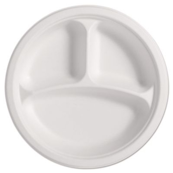 Paperpro Naturals Molded Fiber Dinnerware, Round Plates, 3-Compartment, 10.25" Dia, Natural, 125/Pack, 4 Packs/Carton