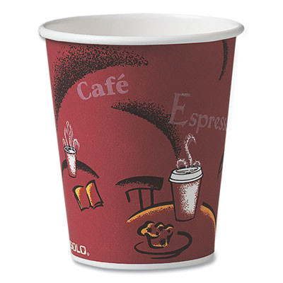 Paper Hot Drink Cups In Bistro Design, 10 Oz, Maroon, 50/Pack
