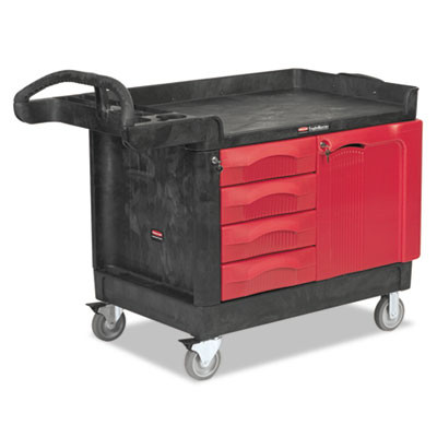 Trademaster Cart With One Door, Plastic, 3 Shelves, 4 Drawers, 750 Lb Capacity, 26.25" x 49" x 38", Black