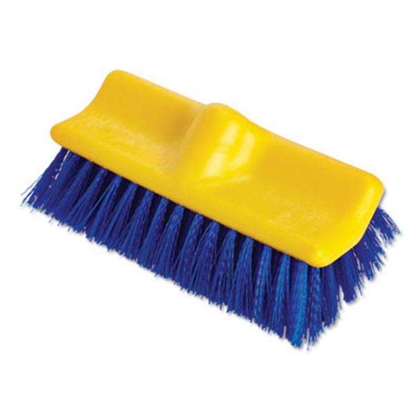 Bi-Level Deck Scrub Brush, Blue Polypropylene Bristles, 10" Brush, 10" Plastic Block, Threaded Hole