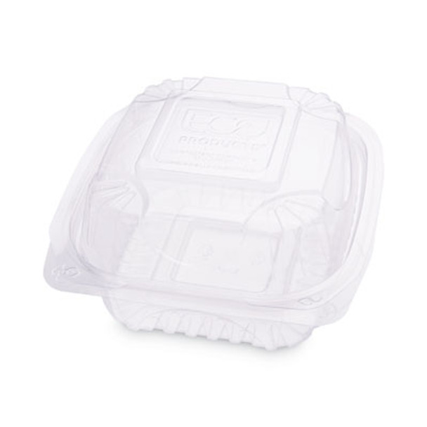 Renewable And Compostable Clear Clamshell Hinged Food Containers, 6 x 6 x 3, Plastic, 80/Pack, 3 Packs/Carton