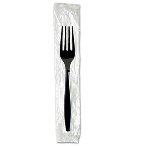 Individually Wrapped Heavyweight Forks, Plastic, Black, 1,000/Carton