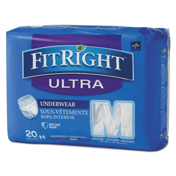 Fitright Ultra Protective Underwear, Medium, 28" To 40" Waist, 20/Pack