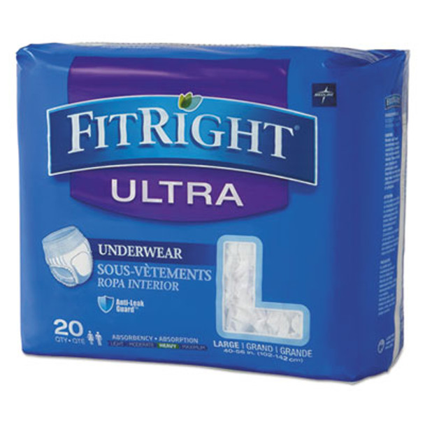 Fitright Ultra Protective Underwear, Large, 40" To 56" Waist, 20/Pack, 4 Pack/Carton
