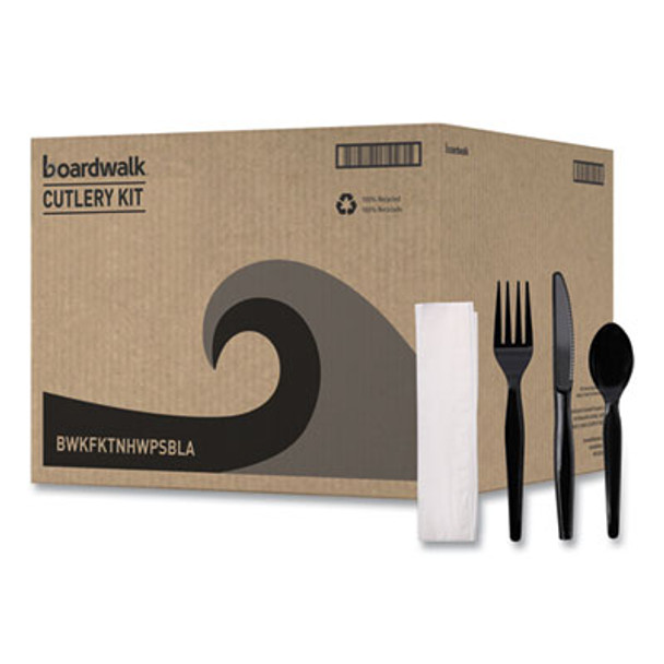 Four-Piece Cutlery Kit, Heavyweight, Fork/Knife/Napkin/Spoon, Plastic, Black, 250/Carton