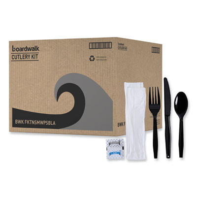 Six-Piece Cutlery Kit, Mediumweight, Fork/Knife/Napkin/Pepper/Salt/Spoon, Plastic, Black, 250/Carton
