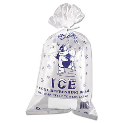 Ice Bags With Twist-Ties, Ice: Penguin Icon Labeling, 8 Lb Capacity, 1.5 Mil, 11" x 20", Clear, 1,000/Carton
