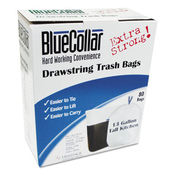 Drawstring Trash Bags, Drawstring, 13 Gal, 24" x 28", White, 40 Bags/Roll, 2 Rolls/Box