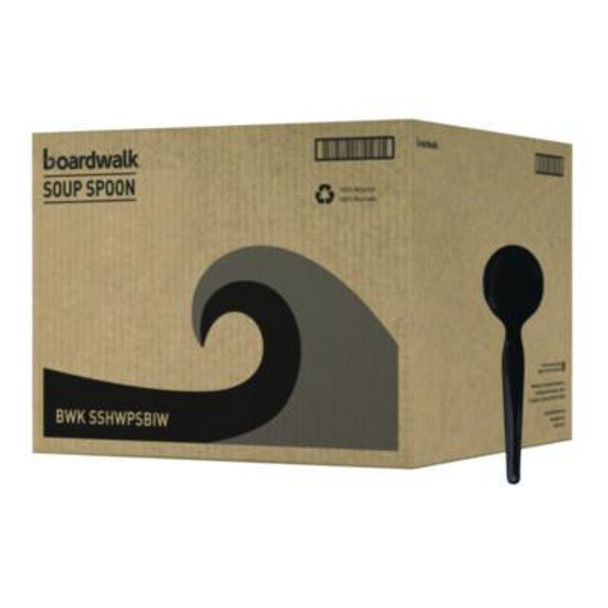 Heavyweight Wrapped Polystyrene Cutlery, Soup Spoon, Plastic, Black, 1,000/Carton