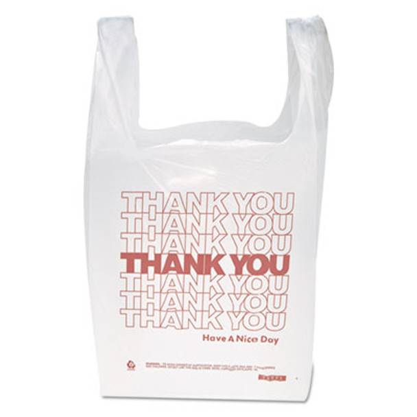 "Thank You" Handled T-Shirt Bag, Have a Nice Day Labeling, Cut-Out Handles, 11.5" x 6.5" x 21", White/Red, 900/Carton