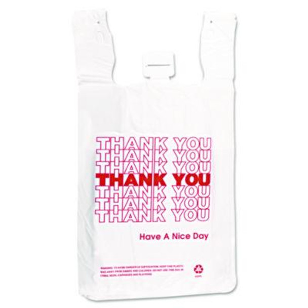 Hdpe T-Shirt Bags, Thank You - Have a Nice Day Labeling, Cut-Out Handles, 12" x 7" x 23", White/Red, 500/Carton