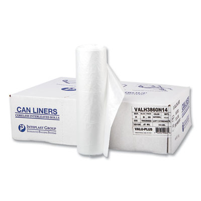 High-Density Commercial Can Liner Value Pack, 60 Gal, 12 Mic, 38" x 58", Clear, Interleaved Roll, 25 Bags/Roll, 8 Rolls/Ct