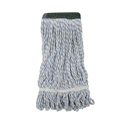 Floor Finish Mop Head, Wide, Rayon/Polyester, Medium, White/Blue Stripes, 12/Carton