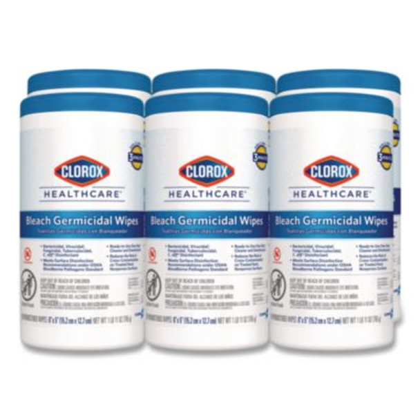 Bleach Germicidal Wipes, 1-Ply, 6 x 5, Unscented, White, 150/Canister, 6 Canisters/Carton