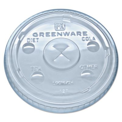 Greenware Cold Drink Lids, X-Slot, Fits 16 Oz/18 Oz/24 Oz Cold Cups, Sugarcane, Clear, 1,000/Carton