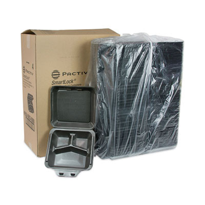 Smartlock Foam Hinged Lid Container, Large, 3 Compartments, 9 x 9.5 x 3.3, Black, 150/Carton