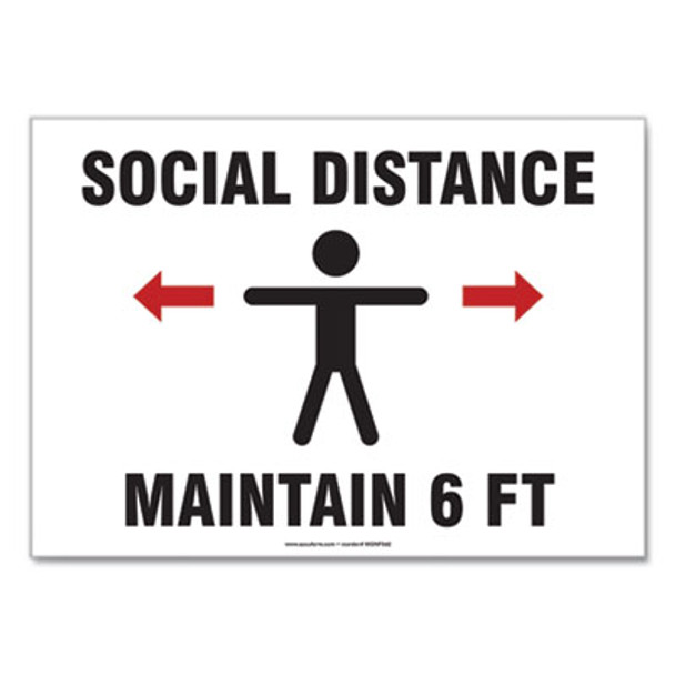 Social Distance Signs, Wall, 14 X 10, "Social Distance Maintain 6 Ft", Human/Arrows, White, 10/Pack