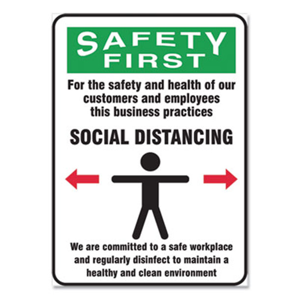 Social Distance Signs, Wall, 10 X 14, Customers And Employees Distancing Clean Environment, Humans/Arrows, Green/White, 10/Pk