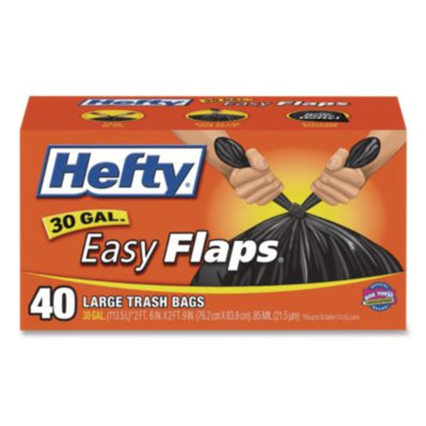 Easy Flaps Trash Bags, Tie-Flap, 30 Gal, 0.85 Mil, 30" x 33", Black, 40 Bags/Box, 6 Boxes/Carton