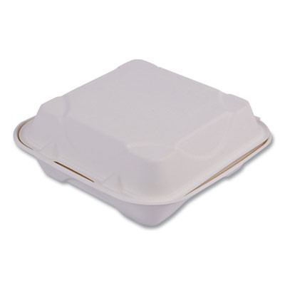 Vanguard Renewable And Compostable Sugarcane Clamshells, 8 x 8 x 3, White, 200/Carton
