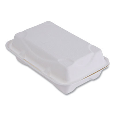 Vanguard Renewable And Compostable Sugarcane Clamshells, 9 x 6 x 3, White, 250/Carton