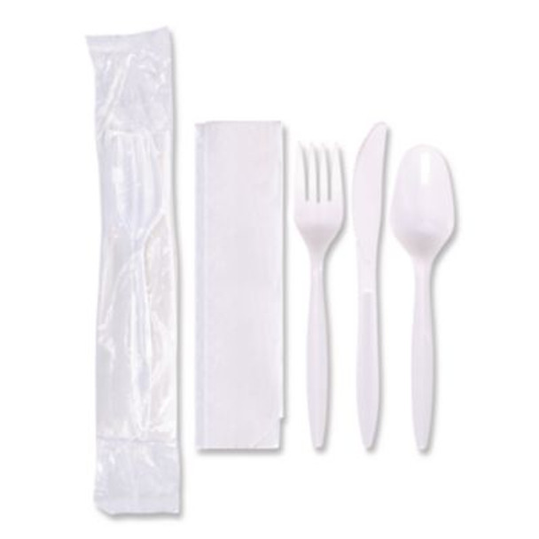 Economy Cutlery Kit, Fork/Knife/Napkin/Spoon, Plastic, White, 250/Carton