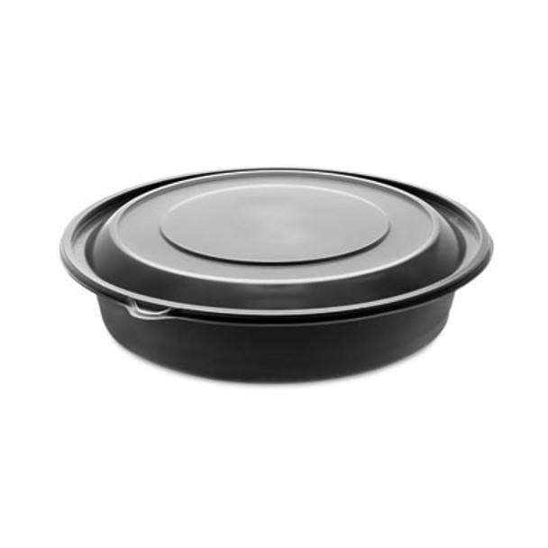Earthchoice Mealmaster Container With Lid, 48 Oz, 10.13" Diameter x 2.13" h, Black/Clear, Plastic, 150/Carton