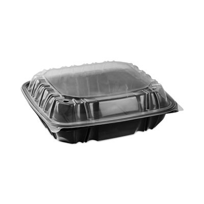 Earthchoice Vented Dual Color Microwavable Hinged Lid Container, 66 Oz, 10.5 x 9.5 x 3.1, Black/Clear, Plastic, 132/Carton