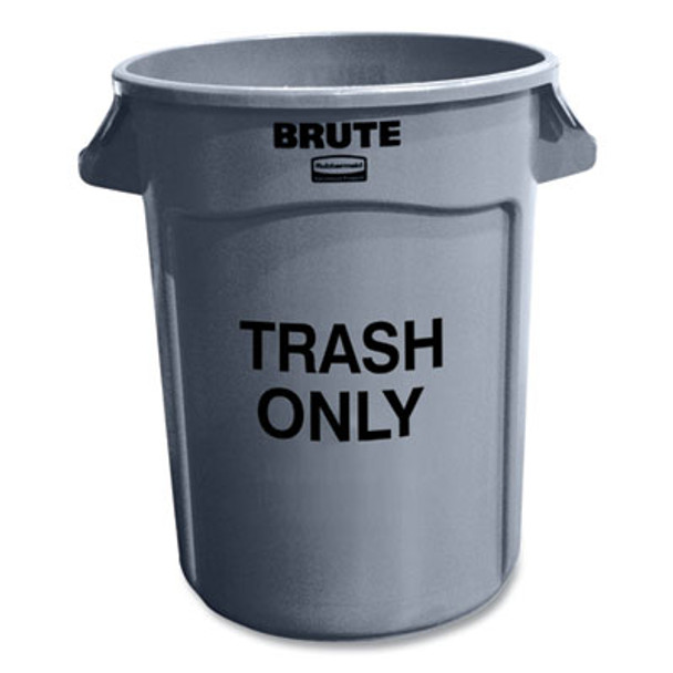 Vented Round Brute Container, "Trash Only" Imprint, 32 Gal, Plastic, Gray