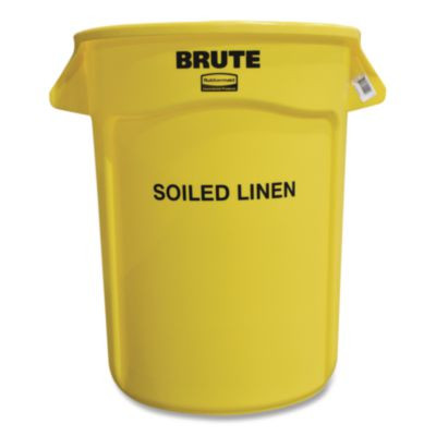 Vented Round Brute Container, "Soiled Linen" Imprint, 32 Gal, Plastic, Yellow