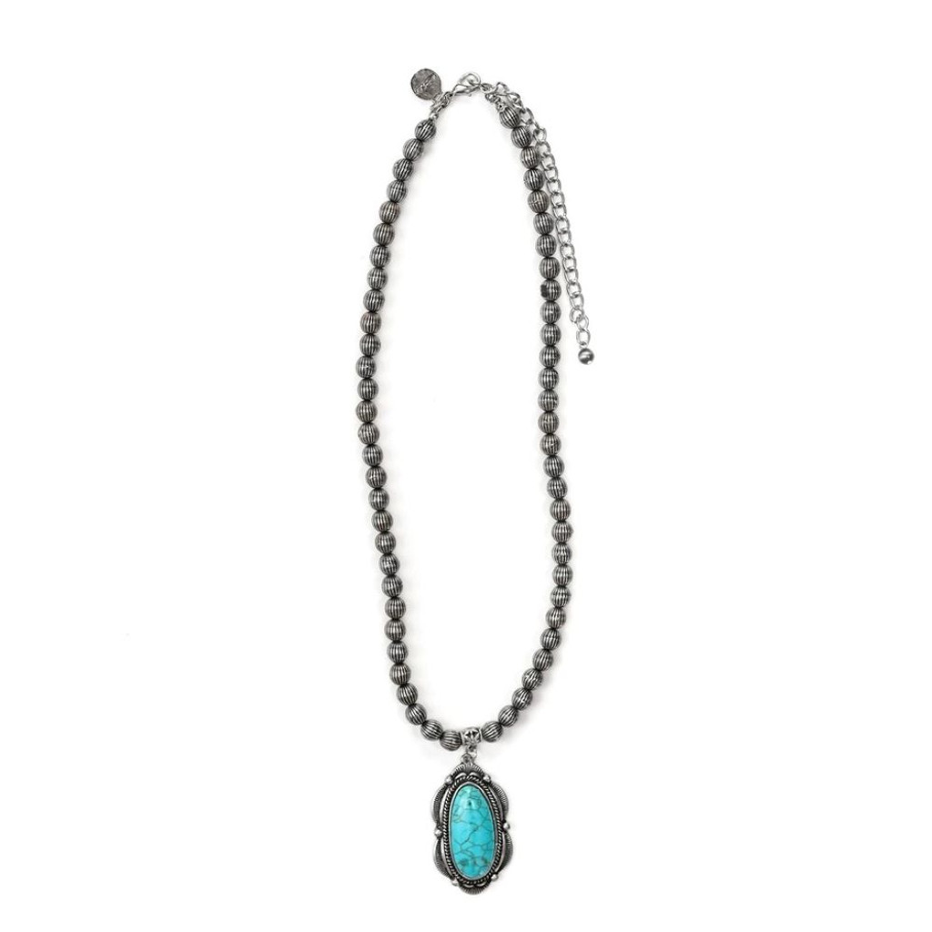 Silver Melon Bead Necklace with Turquoise Pendant