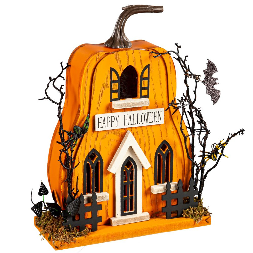 LED Wood "Happy Halloween" Haunted Pumpkin House