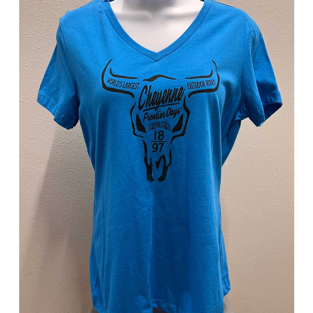 Royal Blue V-Neck Tee w/Cow Skull