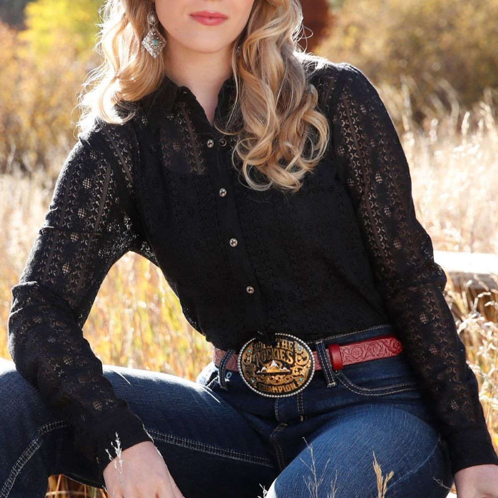 Black Lace Button Down Western Shirt